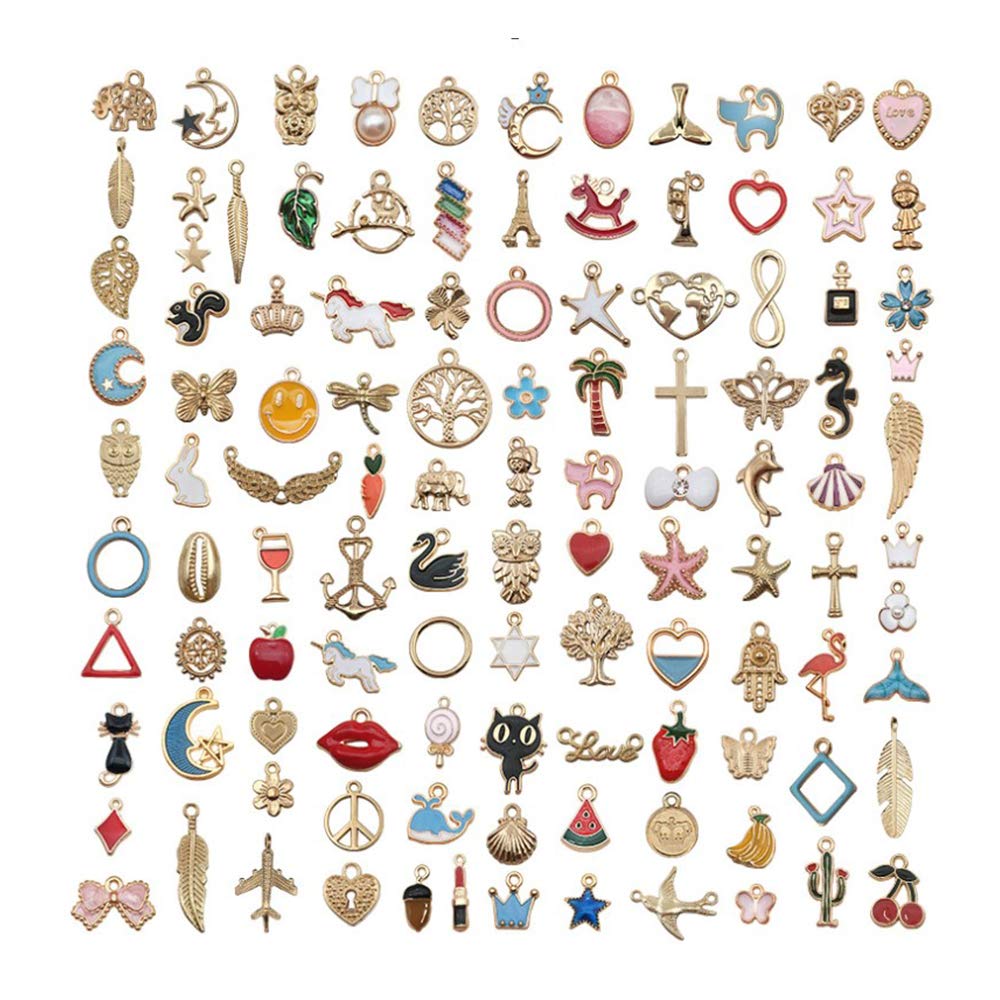 Lulullaby 110 Pieces Charms Pendant, Assorted Gold Plated Enamel Pendants, Animal Moon Stars Fruit Mixed Charms Pendant, for DIY Jewelry Necklace Bracelet Earring Crafts Making