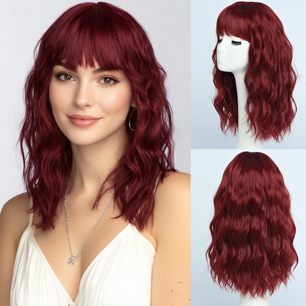 Photo 1 of simkaylee Burgundy Wigs with Bangs for Women Synthetic 16inch Medium Length Wigs with Natural Long Wavy Fringe Bang wig Heat Resistant Hair for Daily Party Use(Wine Red)