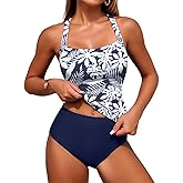 ZAFUL Women's Swimsuit Tankini Tummy Control Bathing Suits Two Piece Full Coverage Swim Suits with High Waisted Bottom White Blue Flower L