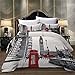 Feelyou Modern Duvet Cover Set King Size, Soft Famous London Themed Red Grey Comforter Cover Set 3 Pieces Bedding Set with 2 Pillow Shams, Zipper, Retro Telephone Booth The Big Ben Symbols