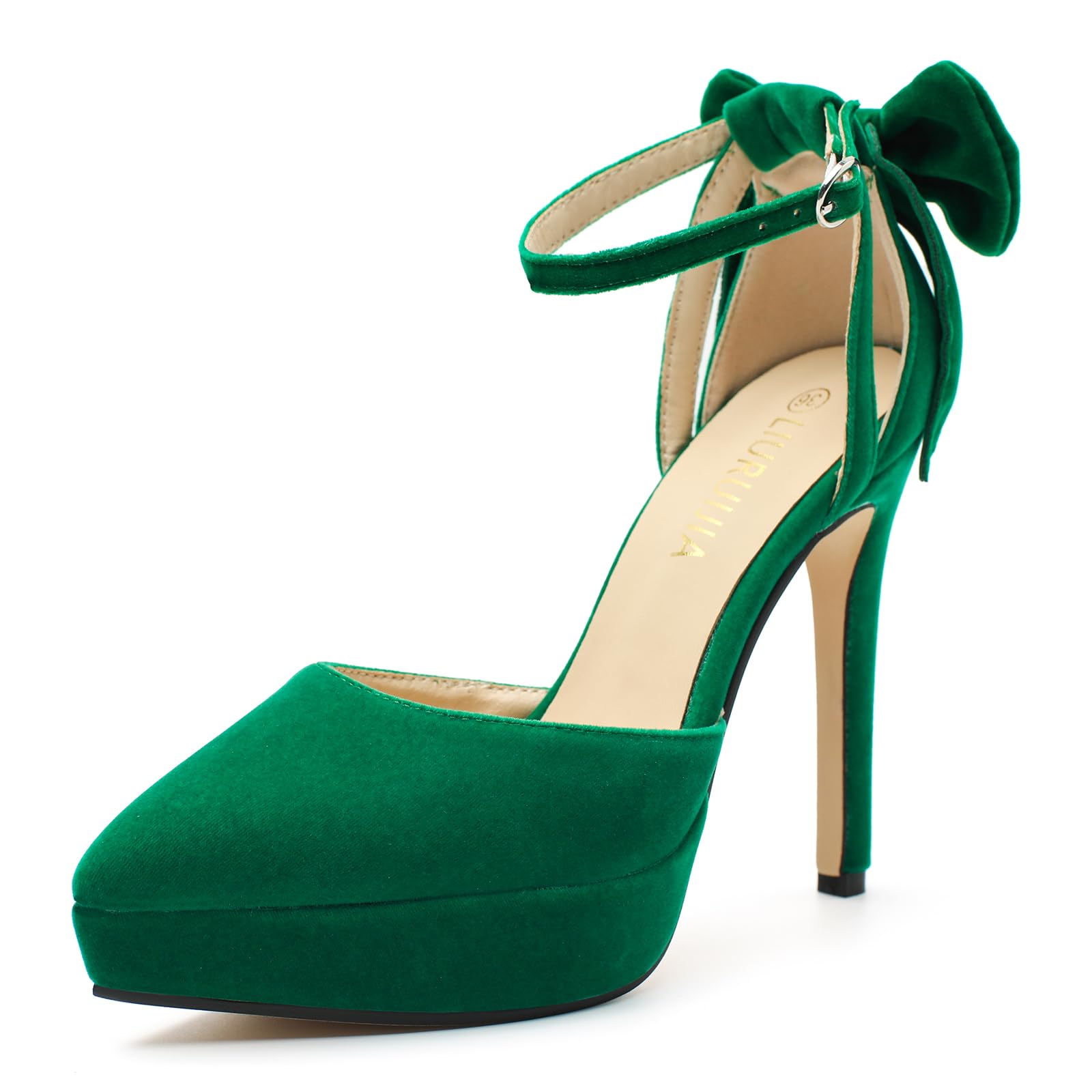 View 1 of ***USED***LIURUIJIA Green High Heels for Women Ankle Strap Bow Platform Stiletto Closed Toe Pumps – Elegant Wedding Bridal Bridesmaid Evening Shoes 39 US 8