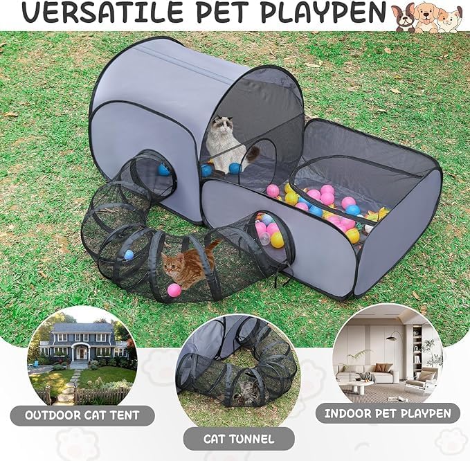Pet Playpen with Breathable Soft Mesh Sides and Surround Tunnel, Indoor & Outdoor Cat and Small Animal Enclosure Tent, Lightweight Easy-Setup Pet Fence with Carry Bag (Medium)