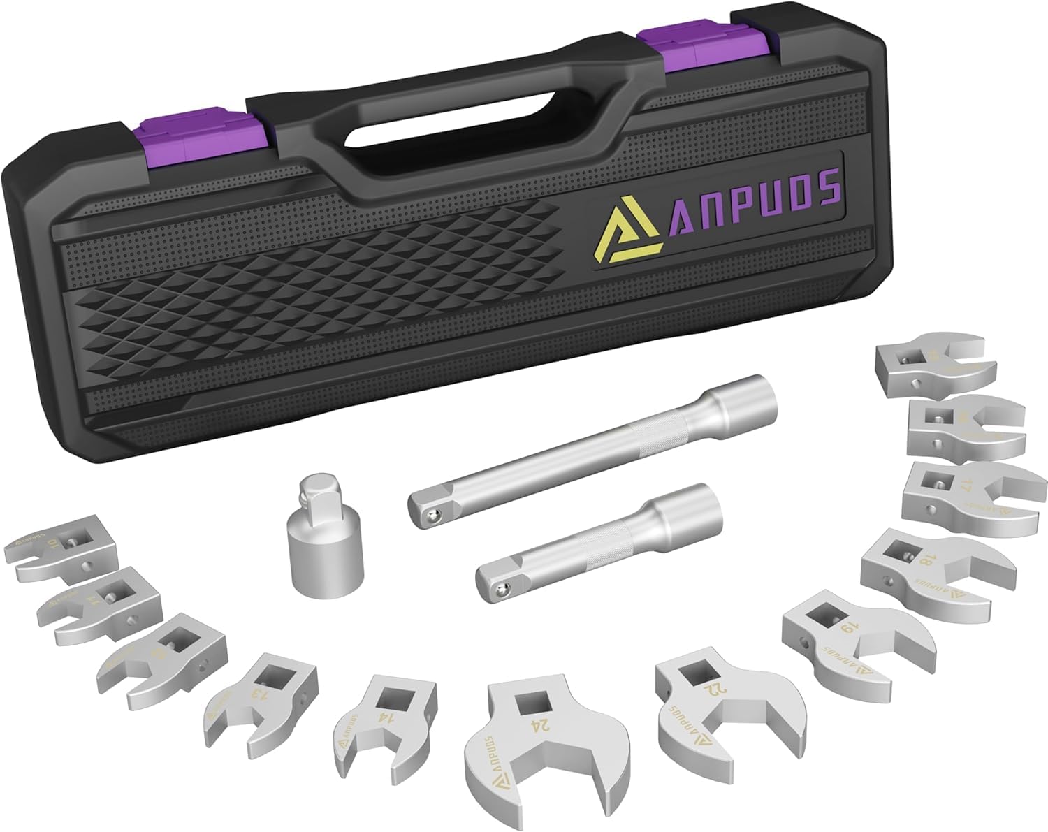 ANPUDS Crowfoot Wrench, 15-Piece 3/8-Inch V-Type Torque Open-End Set, Metric, with 75/125mm Extension Rod, 1/2-3/8-Inch Adapter, Portable Storage Box