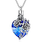 PELOVNY Birth Flower Cremation Jewelry for Ashes Sterling Silver with Teardrop/Heart Crystal Urn Necklace Memorial Keepsake Jewelry with Funnel Filler