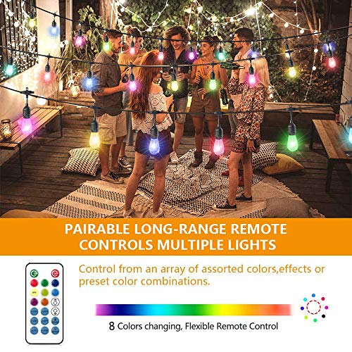 Commercial Grade Outdoor String Lights - 48FT RGB LED String Lights 15 Hanging Sockets Edison Bulbs Dimmable Remote Control Heavy-Duty Weatherproof Cord Strand for Garden Party Christmas