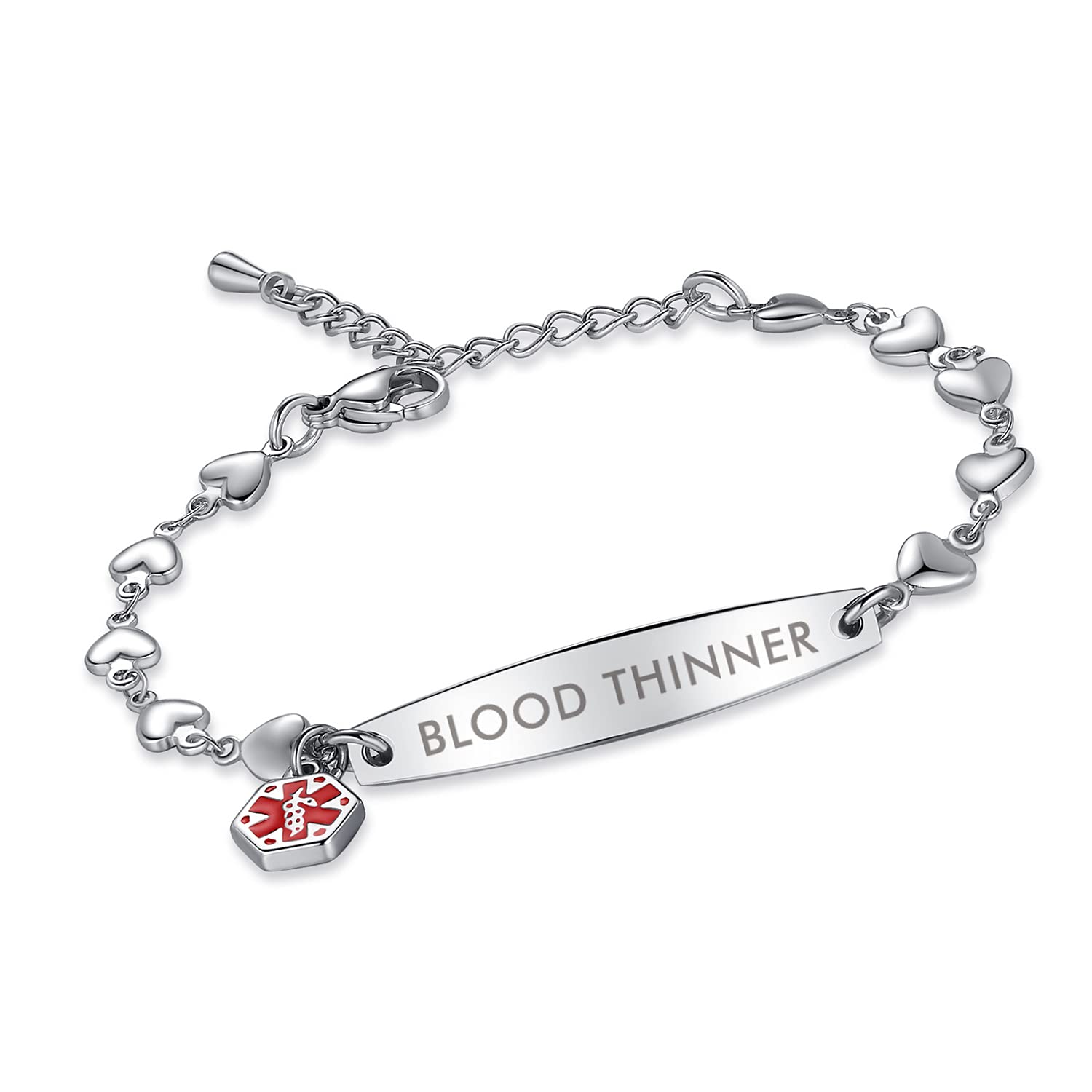 LinnaLove Medical ID Bracelet with Heart Chain for Women, 6.5 inches, Metal