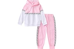 Cakaner Toddler Girls 2-Piece Monogrammed Patchwork Colorblock Set Hooded Long Sleeve Top and Pants Set