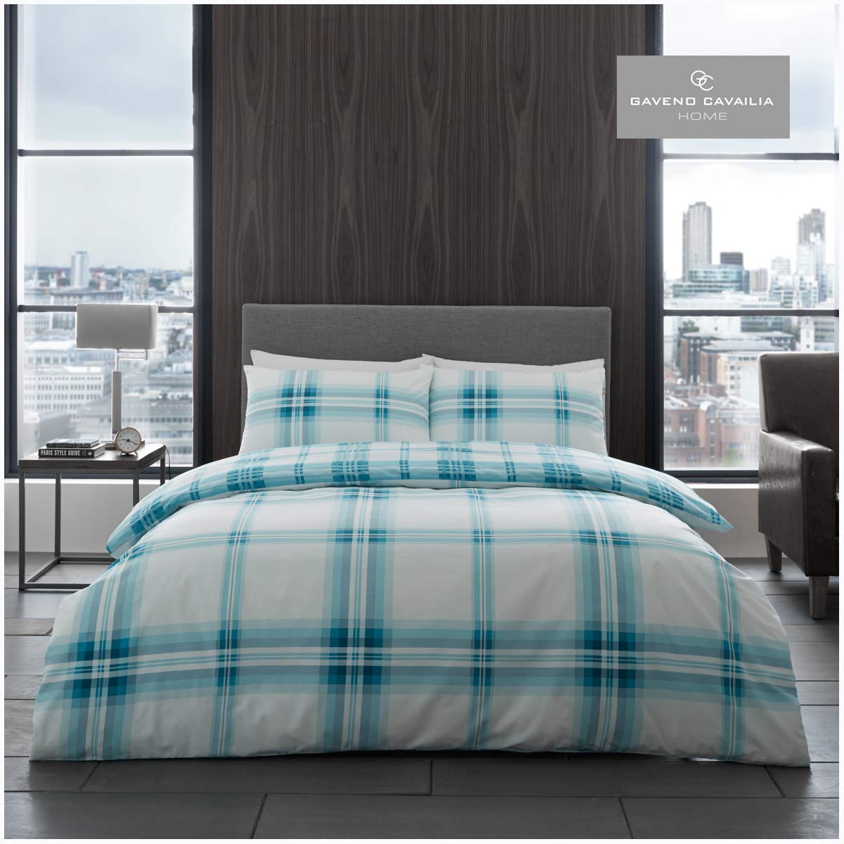 GC GAVENO CAVAILIA Gaveno Cavailia Bardsley Check King Duvet Set Bedding Teal, 3 Piece Cotton Blend Reversible Printed Bedlinen, Easy Care Bedset, 1 Quilt Cover + 2 Pillow Cases