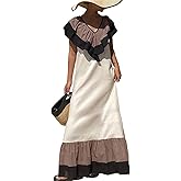 CUFEZN Womens Boho V-Neck Ruffled Maxi Dress Colorblock Loose Summer Beach Flowy Long Smock Dress Sundress with Pockets