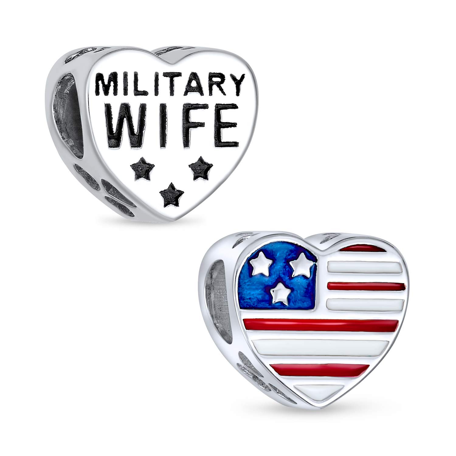 Bling Jewelry Heart Shape American Patriotic USA Flag Words Military Wife Charm Bead For Women Wife .925 Sterling Silver Fits European Charm Bracelet