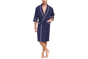 EA'S SECRET 100% Cotton Mens Lightweight Robe Summer Short Sleeve Bathrobe Soft Knee Length Robe with Pockets