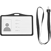 YOKIVE 1 Pcs Badge Holder, Horizontal Aluminum with Metal Hook Detachable Neck Lanyard | Protecting Cards, Great for ID Card (Black, 3.6 x 2.5-inch)