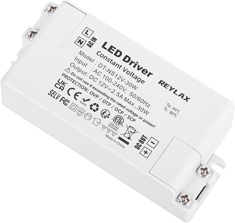 REYLAX LED Driver 12V 30W Constant Voltage Transformer 100-240V AC to DC 2.5A