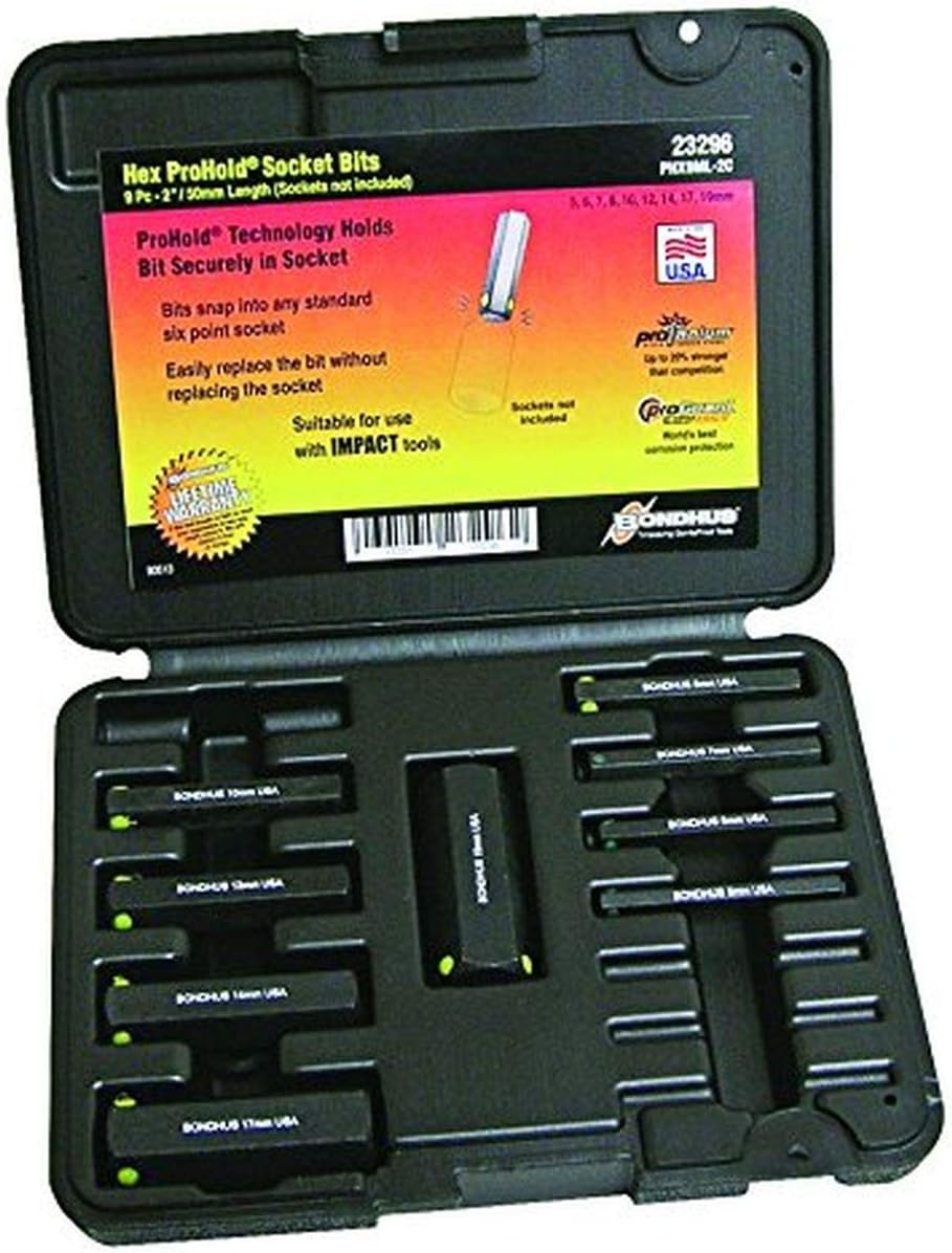 BONDHUS, PHX9ML-2C HEX INHEX Socket BIT Set 9PC Metric 2", 23296, Multicolor