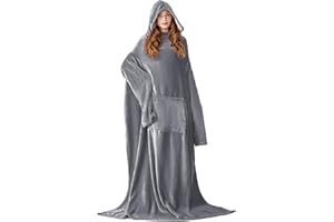 L'AGRATY Sherpa Wearable Blanket with Sleeves Pocket and Hat - Extra Long Warm Soft Fleece Cozy Functional Blankets - Gifts for Women Girlfriend Mom Wife and Daughter (Grey)