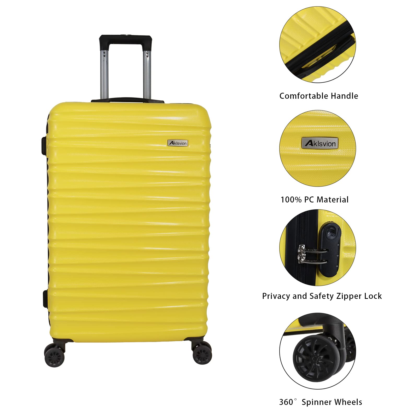 Aklsvion Luggage Sets 3 Piece (20/24/28 inch)-Carry On Suitcase-Suitcase With Wheels-PC+ABS - Hardside Spinner Travel Luggage (Yellow, 3 Pcs Set)
