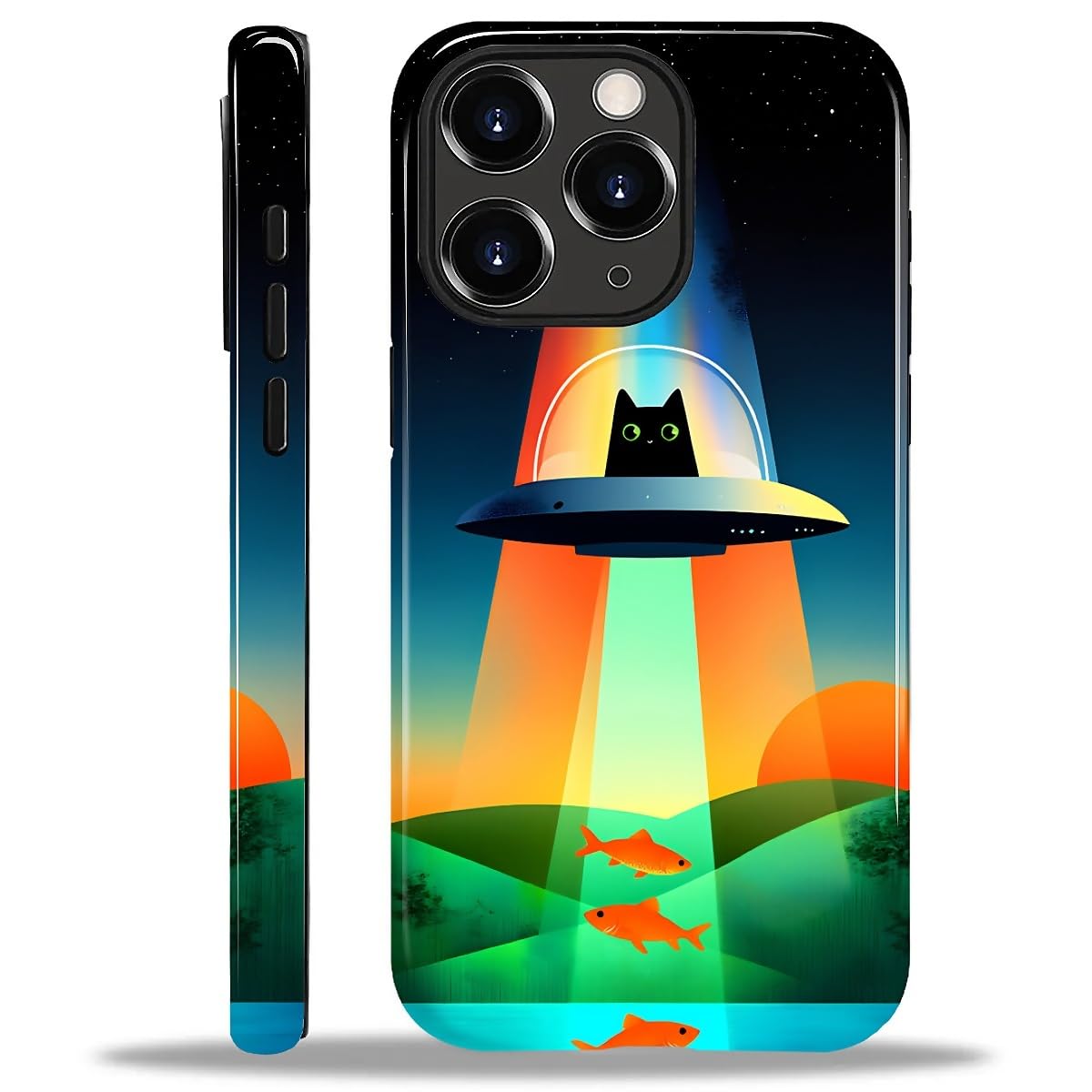 Wqwaxxc Compatible with iPhone 11 Pro Case,Glossy 2-in-1 Sleek All-Inclusive Dual-Layer Material Soft TPU + PC Back for Cute Alien Cat Lake
