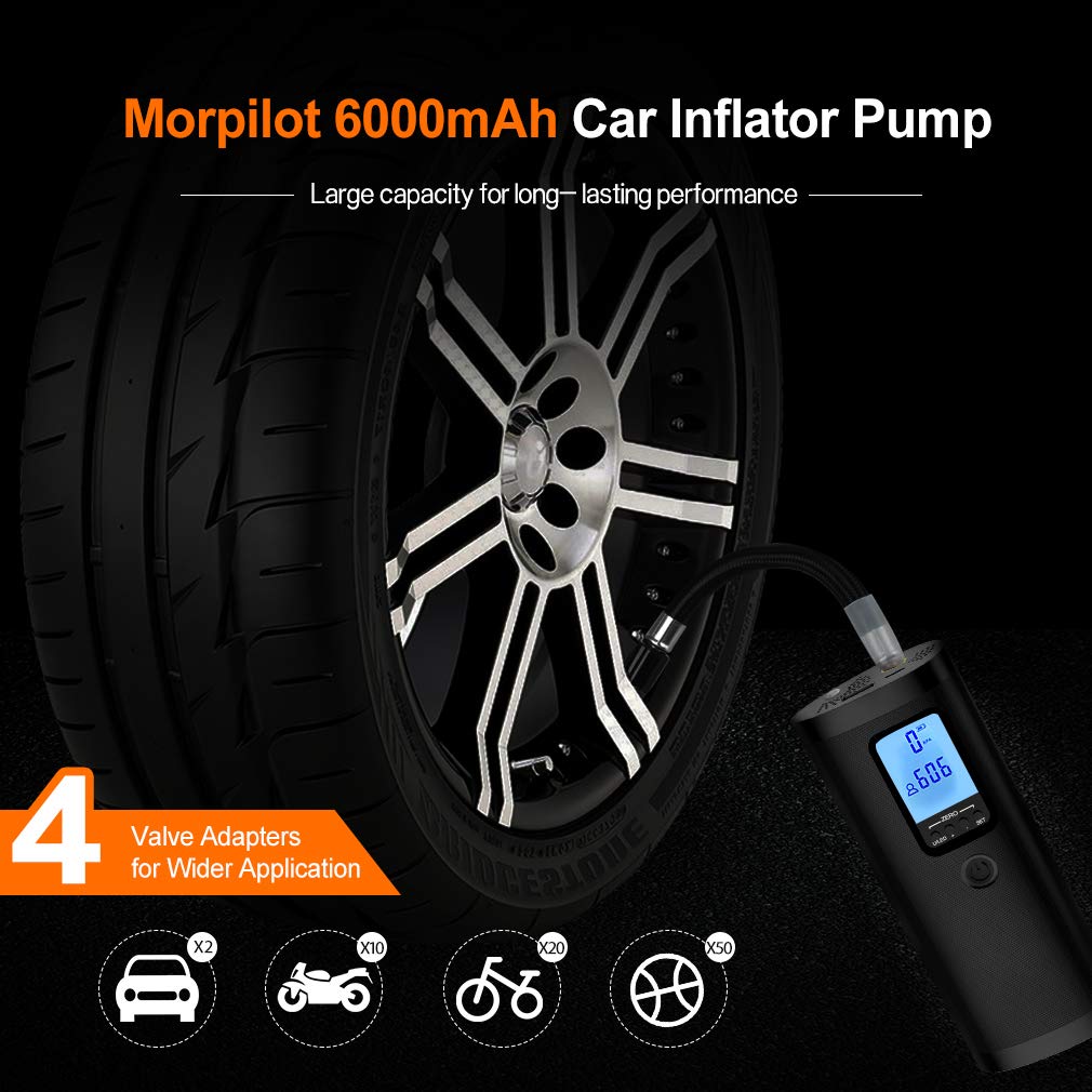 morpilot Mini Compresor Aire Coche Portatil, Bomba Bicicleta Eléctrico con Pantalla LCD, USB Recargable, 4 Modos Preestablecidos & 1 Personalizado para Neumáticos de Coche Moto Bici Otros Inflables