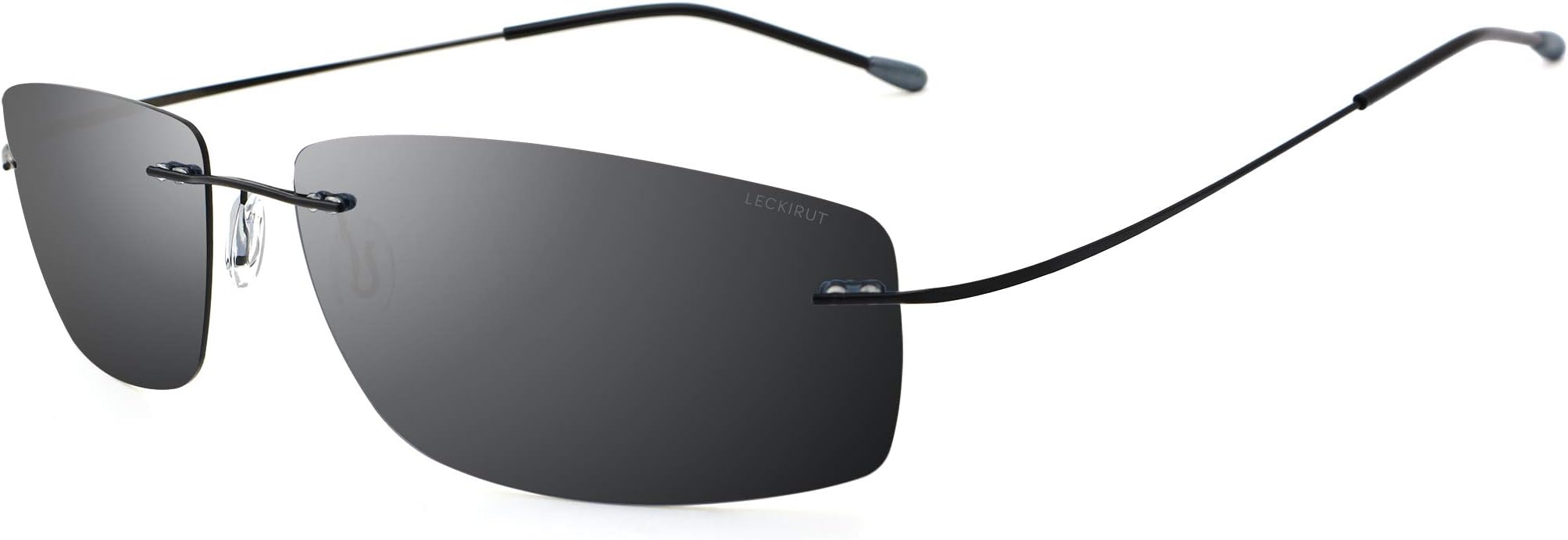 LECKIRUT Men Rimless Titanium Lightweight Aviator Polarized Sunglasses for Driving Black Frame Gray Lens (Rectangular)