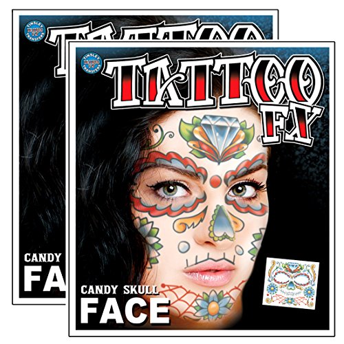 Day of the Dead Sugar Candy Skull Full Face Temporary Tattoo Kit - Pack of 2 Complete Kits