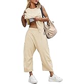 Fisoew Women's Summer 2 Piece Outfits Sleeveless Tank Tops Wide Leg Pocketed Pants Workout Sweat Sets