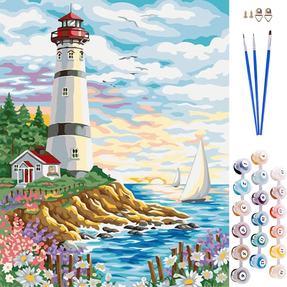 ABEUTY DIY Paint by Numbers for Adults Beginner - Seaside Lighthouse Sailboat 16x20 inches Number Painting