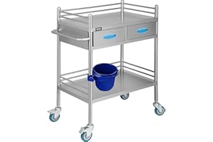VEVOR Lab Serving Cart Utility Cart with Two-Story Rolling Cart with Two Drawers for Lab Equipment Use Stainless Steel Utilit
