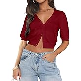 LEEDYA Summer Cardigans for Women Lightweight Short Sleeve Open Front Knit Cropped Sweaters V Neck Button Up Bolero Shrug Top