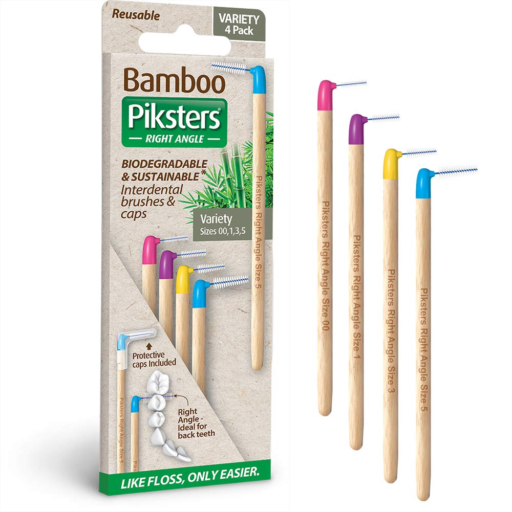 Bamboo Right Angled | Piksters Interdental Brushes | Variety 4 Pack | Sizes 00, 1, 3 & 5 Included