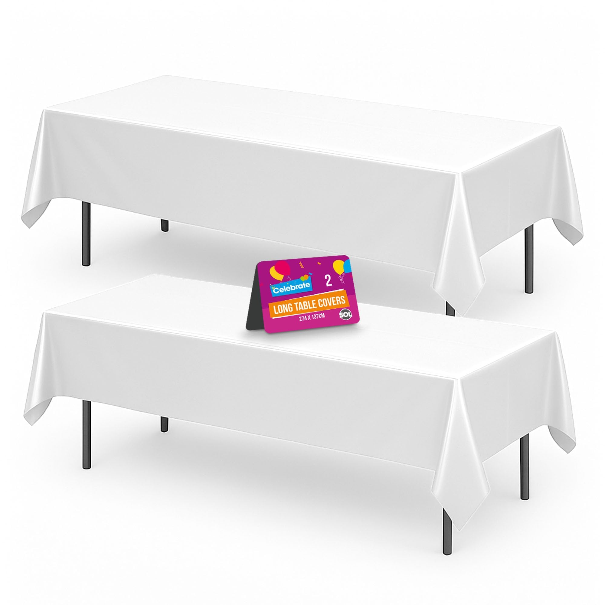 SOL 2pk Long White Table Cloth Party 274x137cm Plastic Cover Disposable Tablecloths for Parties - Heavy Duty Spill Protection - Opaque Design for Weddings, Buffets, Catering, Outdoor & Theme Events