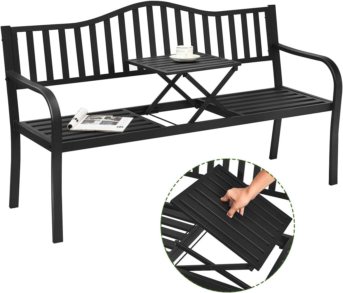 Giantex Garden Bench, Outdoor Metal Patio Benches w/Pullout Middle Table for Porch Path Yard Lawn Decor Deck Outdoor Metal Loveseat (Black): Kitchen & Dining