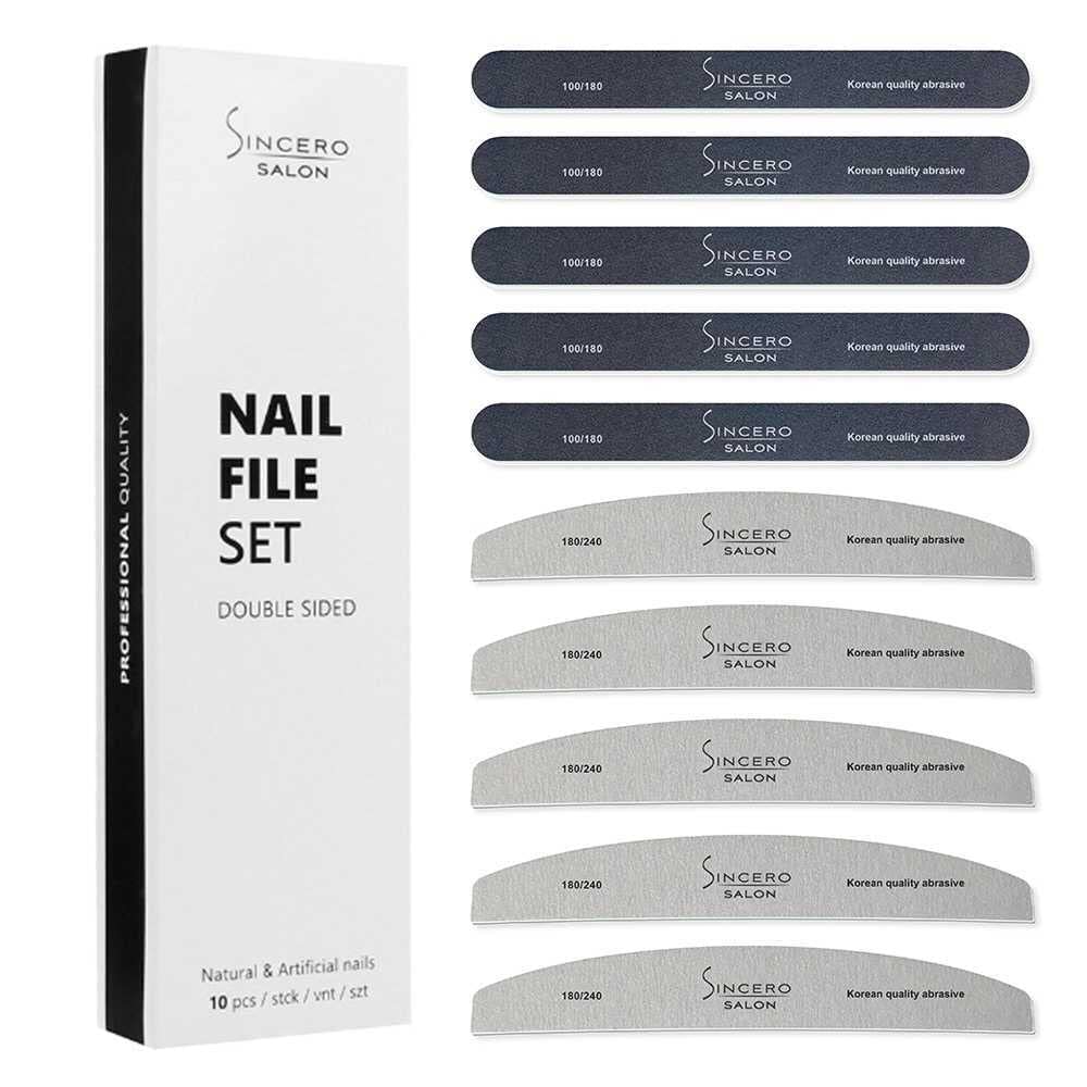 Sincero Salon - Professional Nail Files - 10pcs - 180/240 & 100/180 Grit - For Acrylic & Gel Nails - Manicure Tools - Emery Boards