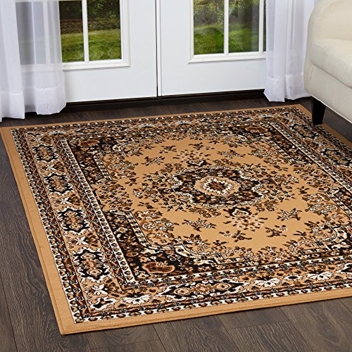 Home Dynamix Premium Sakarya Area Rug by Traditional Persian-Inspired Carpet | Stylish Medallion Print and Classic Boarder Design | Dark Brown, Light Brown, Cream 3'7" x 5'2"