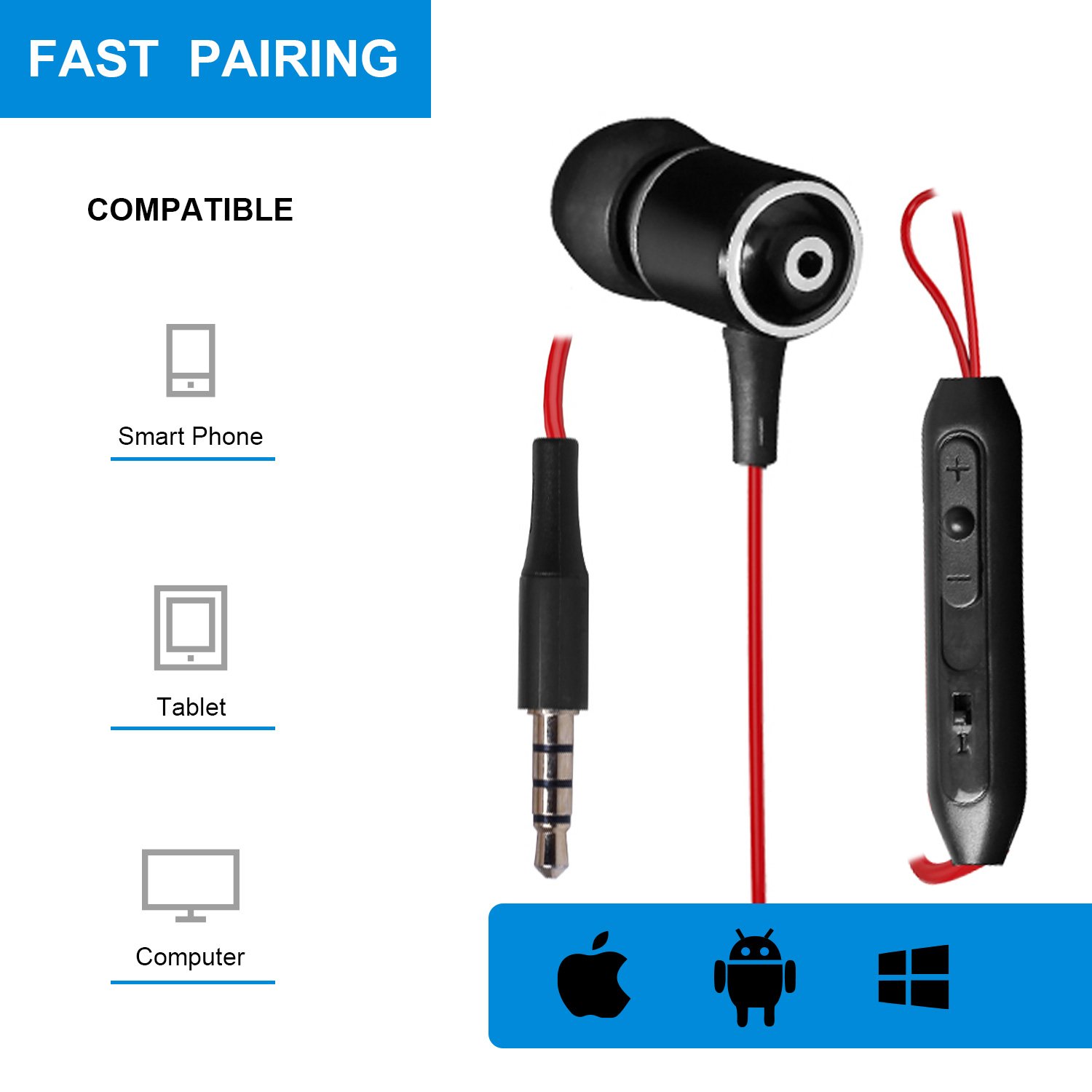 SMARTED Wired Cell Phone Headsets Noise Cancelling Earphone Metal Material with Mic and Volume Control for 3.5mm Audio Devices Mobile Phone (Red)