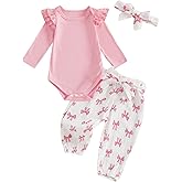 Seyurigaoka My First Valentines Day Baby Girl Outfit Ruffle Long Sleeve Romper+Bow Pants+Headband 3Pcs Girls Spring Outfits