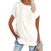 Zeraly Women's Round Neck Solid Color T-Shirt Side Slit Casual Short-Sleeved Summer Sports Tunic Top
