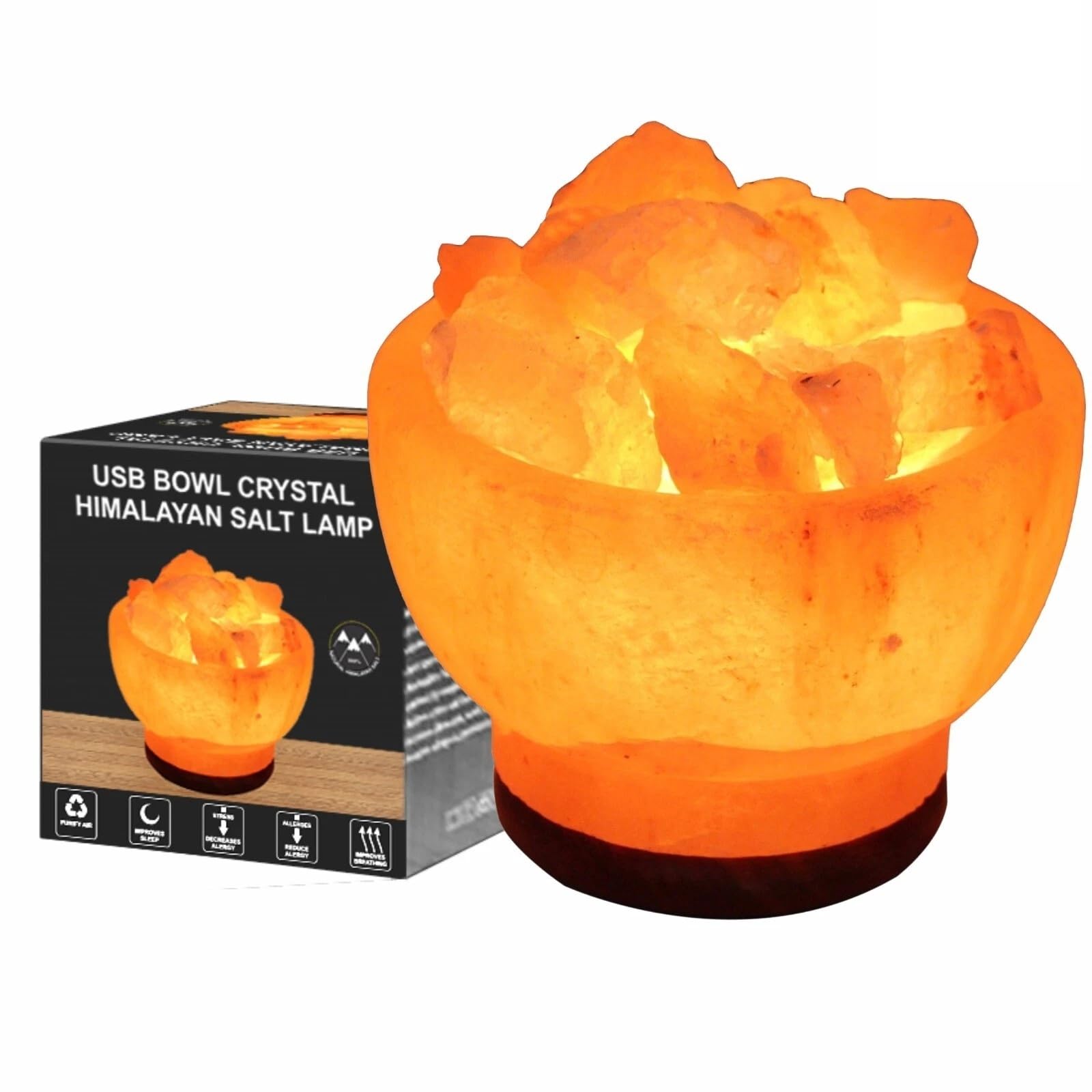 ONEX Himalayan Salt Lamp – USB Crystal Night Light with Wooden Base, Natural Rock Lamp for Sleep, Breathing, Home Décor, Desk or Bedroom (Bowl Design)