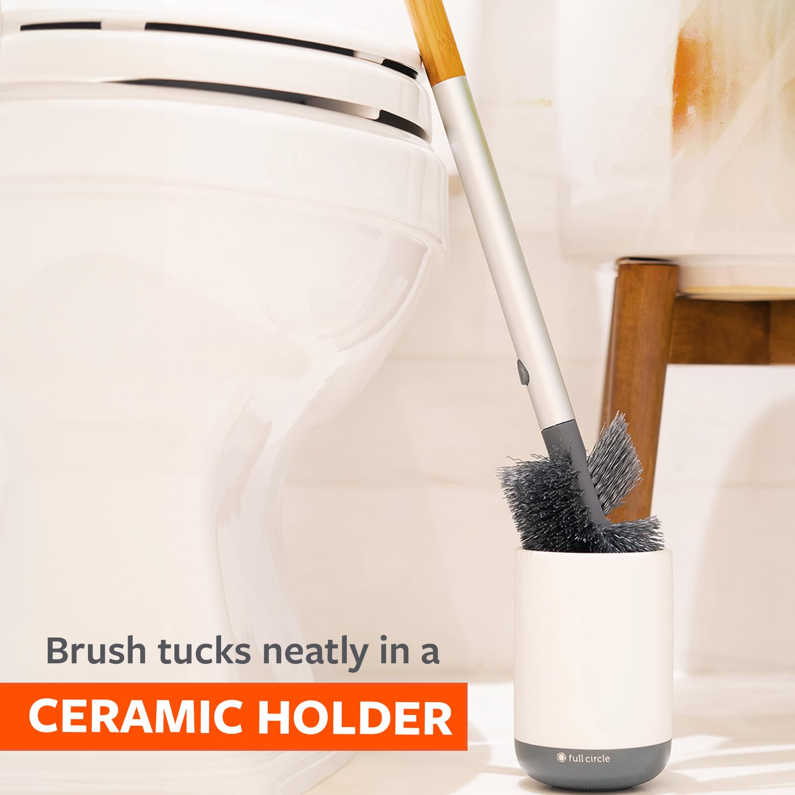 Full Circle Scrub Queen, Bathroom Toilet Brush with Ceramic Holder and Diatomaceous Earth Disk for Mold & Mildew Prevention, More Hygenic Toilet Cleaning Scrubber, Replaceable Head, White