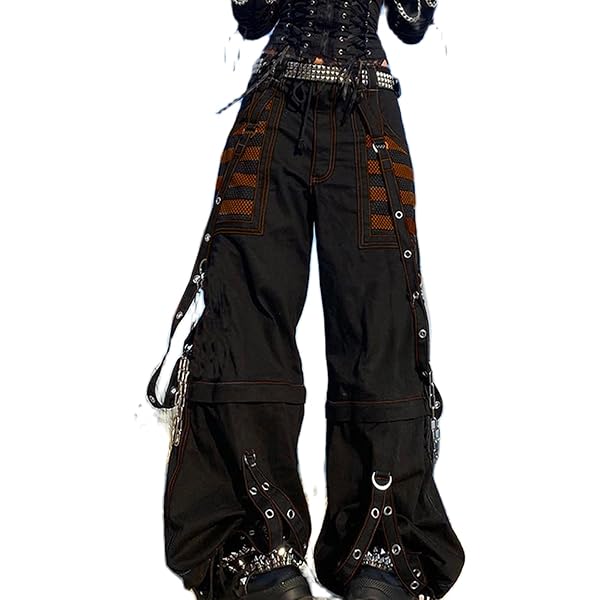 FEORJGP Womens Gothic Punk Cargo Pants High Waist Flare Pants Chic