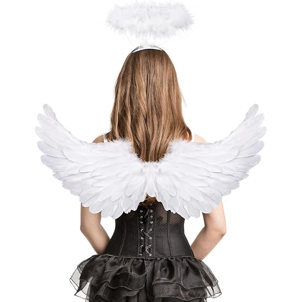 Set De Disfraz De ángel De 3 Piezas – Alas De Plumas Blancas De 80x40 Cm, Diadema Con Halo Y Varita Mágica, Para Mujer Y Niña, Ideal Para Carnaval Y Sesiones De Fotos