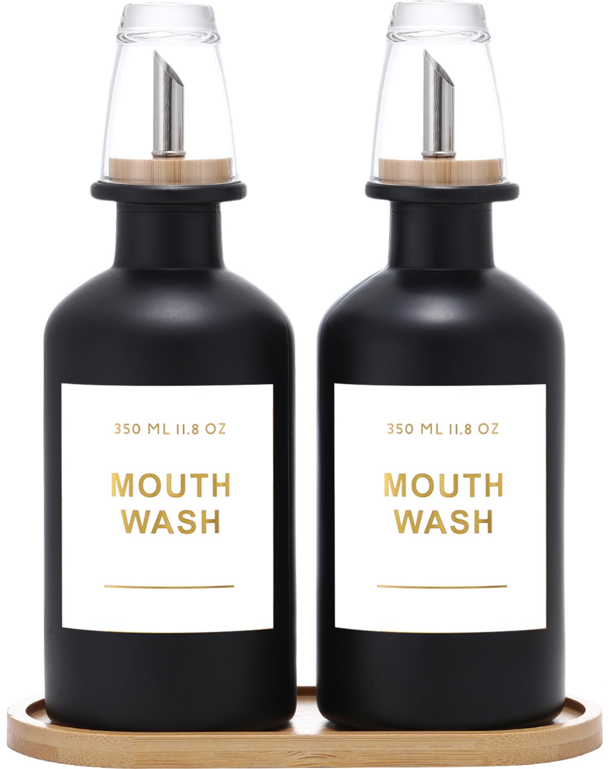 BONLONG 11.8OZ Glass Mouthwash Dispenser for Bathroom with Stainless Steel & Bamboo Nozzle, Mouthwash Cup Reusable, Bamboo Tray, and Elegant Gold Sticker.Set of 2（Black