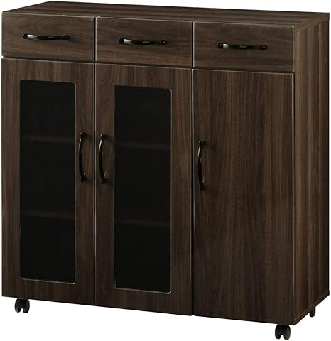 Amazon ぼん家具 食器棚 幅90 奥38 高90cm キッチンキャビネット ガラス扉 収納 ウォールナット キャビネット オンライン通販