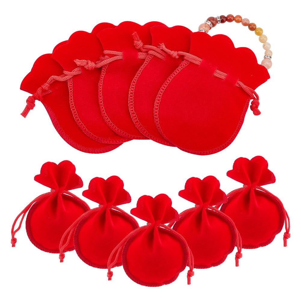 NBEADS 30 Pcs Velvet Cloth Drawstring Bags, Calabash Shape Drawstring Jewelry Pouches Small Candy Gift Bags for Christmas Wedding Birthday Party Favors, Red, 9x7cm