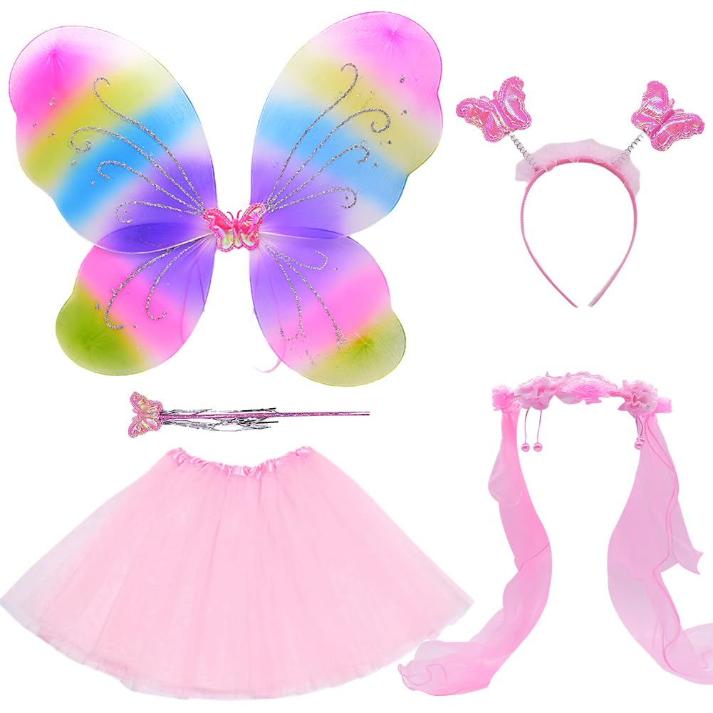 REYOK Girls Fairy Costume,Pink Fancy Butterfly Angel Wing Mesh Skirt Set for girl,Magic Wand and Headband Set,Kids Fairy Tutu Wings Costume,Kindergarten Birthday Party Dress Up Prop For Girls