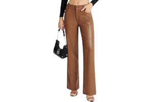VILIGO Women's Faux Leather Pants Button PU Jeans Straight Wide Leg Trousers with Pockets
