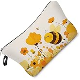 Livel lhood Cartoon Bee Makeup Bag Yellow Floral Chubby Bee Cute Small Organizer Bag Zipper Pouch Bee Floral Cosmetic Bag Present for Bee Lovers Women Friends