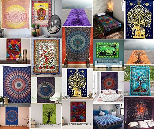 Aakriti Gallery Assorted Mix lot Tapestry Queen Hippie Flower Beautiful Artwork Wall Decor Mandala Beach Bedspread Intricate Indian Bedspread Tapestries 84x55 Inches (Lot of 20)