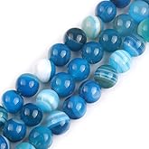 JOE FOREMAN 8mm Banded Blue Agate Natural Stone Round Bead Semi Precious Gemstone Loose Beads for Jewelry Making 15" Beaded Strand DIY Handmade Craft Supplies