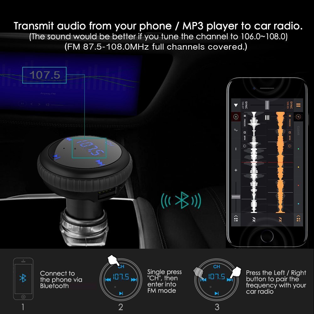 ROADWI Bluetooth FM Transmitter with LED Displayer, Wireless In-Car FM Transmitter Radio Adapter Car Kit 5V/2.1A Car Charger MP3 Player for Most Bluetooth Enable Devices