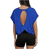 WDIRARA Women's Back Keyhole Workout Yoga Tops Loose Fit Short Sleeve T Shirt